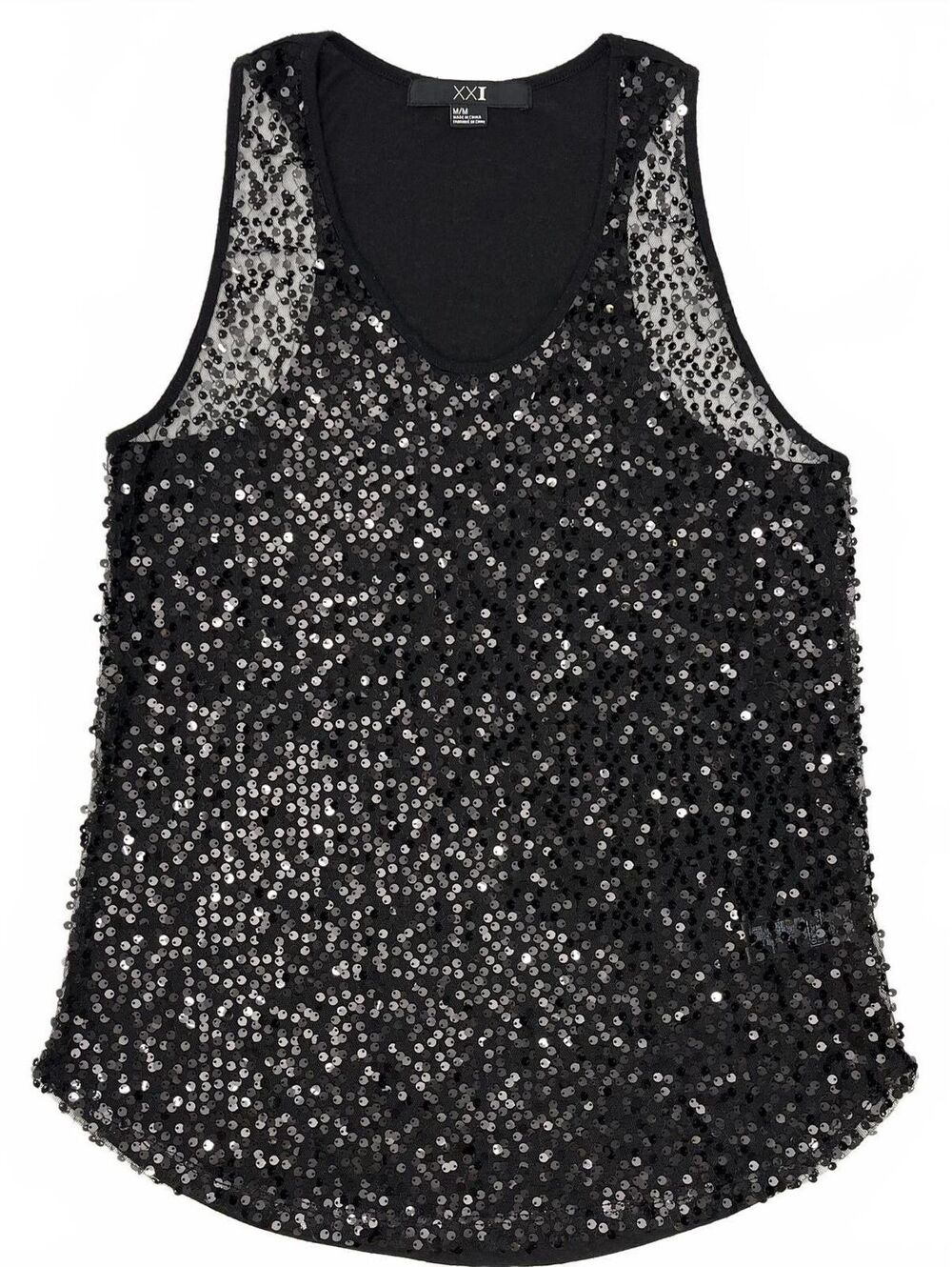Y2K Forever 21 Black Sheer Sequinned Tank Top Med Indie Sleaze Going Out Grunge